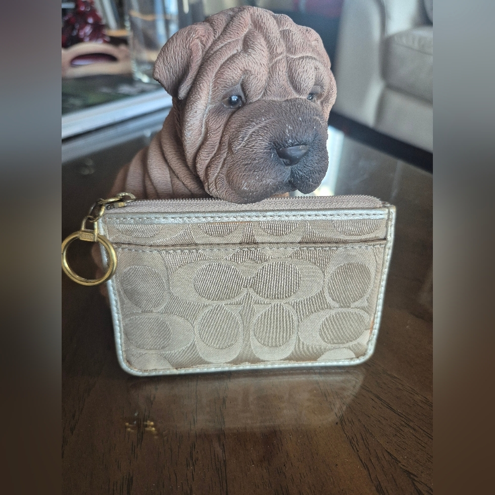 Coach Beige Poppy Signature Mini Card ID Holder